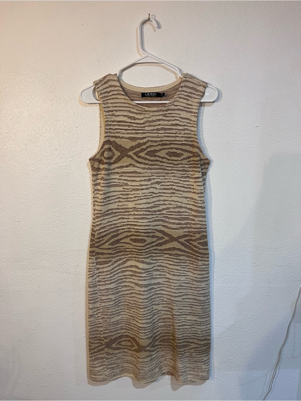 Lauren Ralph Lauren Cotton Linen Knit Tank Dress Beige Brown Geometric Size S